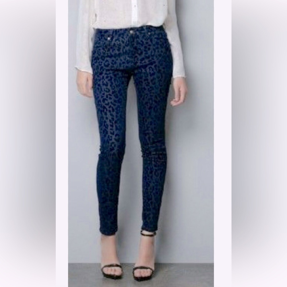 Free People Blue & Black Velvet Animal Print Jeans